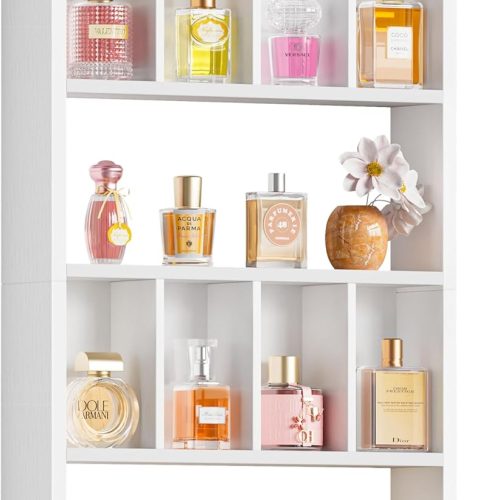 Perfume Organizer Wall Mount & Large Cologne Display Case - Wooden Multi-Tier Trinket Shelf for Fragrances, Collectibles, Figures, Miniatures, Cosmetics and Shot Glasses, White