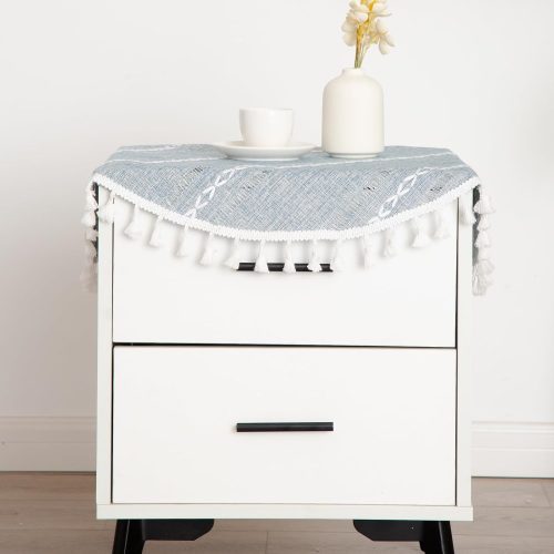 1 Rustic Linen Bedside Round Small Tablecloth Striped Embroidered Washable Blue Table Cover Farmhouse Stitching Tassel Table Cloth for Nightstand Plant Stand Cabinet Tabletop Decoration 24 Inch
