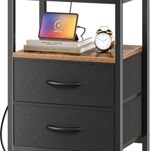 Nightstand with Charging Station, Side Table with Fabric Drawers, End Table with Open Shelf, Bedside Table with USB Ports and Outlets, Night Stand for Bedroom, Rustic Brown and Black