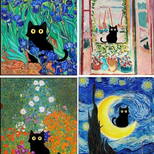 Adult 5D Diamond Painting Kits - 4 Pieces, Round Diamond Arts Painting Kit, DIY Beginner Black Cat Diamond Art Kit, Matisse Van Gogh Living Room Bedroom Decoration (11.8x15.7)