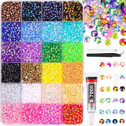 24000Pcs Resin Rhinestones for Bedazzling with Tweezers, Multicolor 3mm Rhinestones for Crafting with B7000 Jewelry Glue for DIY Crafts Clothing Tumblers Shoes Fabric Nail Art