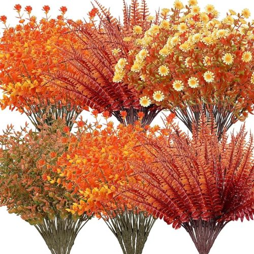 16 Bundles Fall Thanksgiving Artificial Flowers for Outdoors Decorations Floral Picks Stem Fake Mums Eucalyptus Maple Leaves Berry for Garden Autumn Arrangement(15 Inch,Eucalyptus)