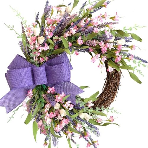 18 Inch Summer Wreath for Front Door with Forsythia Lavender Wild Flowers. Rustic and Farmhouse Indoor and Outdoor Artificial Flower Burlap Bow Knot Wreath for Home Decoration