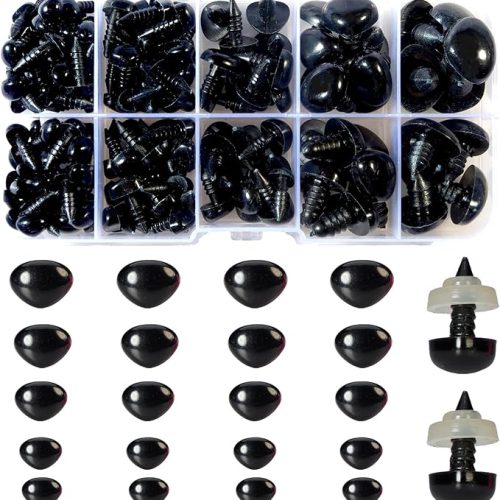 280pcs Black Plastic Safety Noses 5 Sizes Craft Triangle Nose with Washers for Amigurumi Crochet Bears Dog Stuffed Animals Doll Making