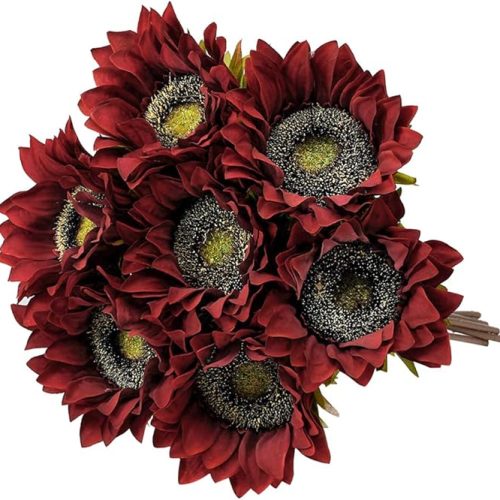 7PCS Artificial Sunflowers Flowers Silk Fall Sunflower Vintage Burgundy Sunflowers Decorations for Home Wedding Party Bulk Dark Center Single