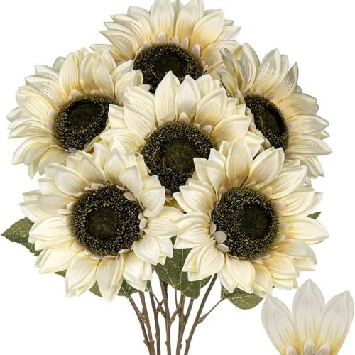 Large Silk White Sunflowers Artificial Flowers 26" Long Stem Sunflowers Fake Flowers 6PCS Faux Vintage Fall Sunflowers Bouquet Bulk for Home Wedding Birthday Party Centerpieces Decorations