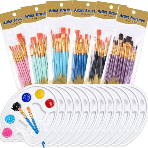 72 Pcs 60 Paint Brushes and 12 Paint Palette Tray, Paints Brushes Palette Set, Professional Artist Painting Set for Watercolor, Oil, Acrylic Painting, Suitable for Kid and Adults