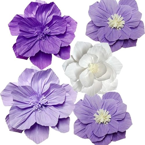 Purple Paper Flowers 5PCS 3D Flower Wall Decor - Violet White Lilac Pom Tissue Flowers for Party Wall Backdrop Decoration, Birthday, Bridal Baby Shower, Wedding Decor