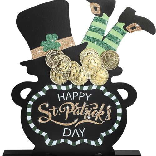 12 Inches Wooden St. Patrick's Day Decorations Indoor, Large Glitter Shamrock Pot Tabletop Decor with Base, Happy St. Patrick's Day' Sign for Home Table Desk Door Shelf Display Black