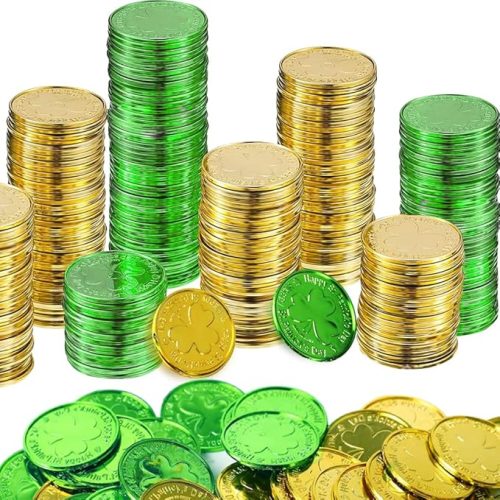 120pc St. Patrick's Day Gold & Green Shamrock Coins, Plastic Leprechaun Coins, Table Scatter Decoration for St. Patrick's Day Party Favors