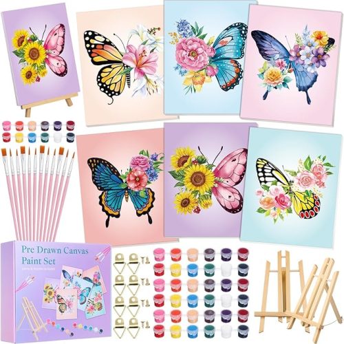6 Packs Paint and Sip Kit Pre Drawn Canvas Set for Painting Adults 8 x 10 Inch Butterfly Floral Canvas Painting Kits with Easel and Brushes for Adults DIY Summer Artist Party