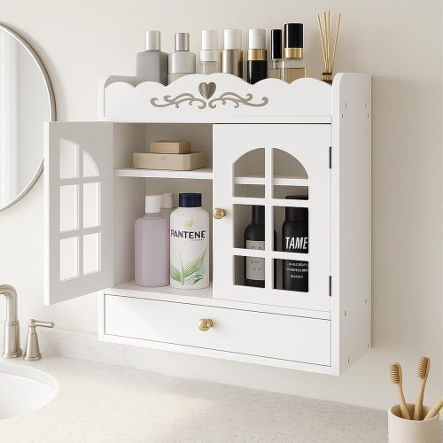 Over The Toilet Storage Cabinet, Wall Mount Bathroom Cabinet, Narrow Bathroom Wall Cabinet with Doors and Shelf for Towel, Toilet Paper Storage, 17.71 x 15.35 x 6.69 inch