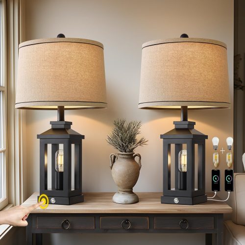 1 Retro Farmhouse Black Table Lamp for Living Room Bedroom Nightstand Set of 2 Touch Control Bedside Nightlight Vintage Modern Lamp with USB C+A Ports and 2 Light Sources