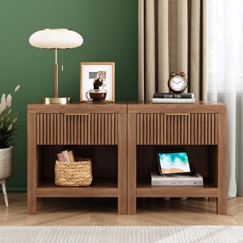 1 Nightstand Set of 2, Wooden Farmhouse Fluted Cabinet Bedside Cabinet, Mid Century Modern Boho End Table Side Table with Open Shelf, for Living Room, Office (Walnut)