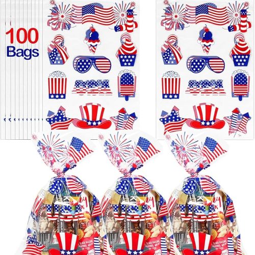 4th of July Cellophane Bags | 100 Pcs (6' x 9' Inch) USA Treat Bags | 2.5 Mil Snack Bags with USA Patriotic Designs | Independence Day Cello Treat Bags