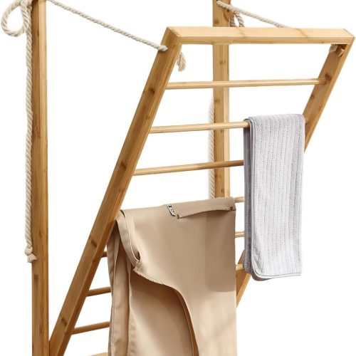 Clothes Drying Rack, Foldable Bamboo Wall Mounted Laundry Rack – Space-Saving, Drop-Down Design – 23" Wide, 40.9" High – Sturdy & Elegant for Home, Laundry Room & Bathroom