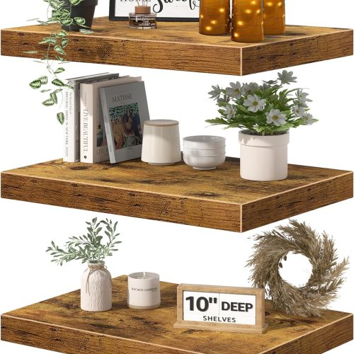 10" Deep Floating Shelves for Wall - 10 x 16 inch Book Shelf Bathroom Bedroom Kitchen Living Room Hanging Bookshelf Farmhouse Set of 3, Rustic Brown (025-40BN3)
