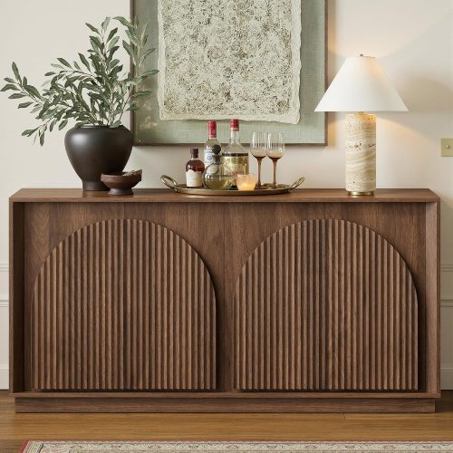 Fluted Sideboard Buffet Cabinet with Storage, 65" Mid Century Modern Accent Cabinet with Double-Layered Arch Doors,Wood Media TV Console Table Credenza for Living Room Hallway Entryway,Walnut
