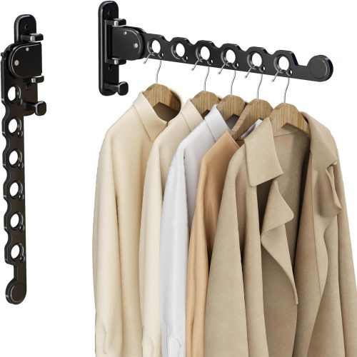 Wall Mounted Clothes Hanger Rack Folding Wall Mounted Clothes Hanger for Laundry with Swing Arm Space Saving Closet Storage Organizer Heavy Duty Coat Hook for Bathroom Bedroom Black 2-Pack