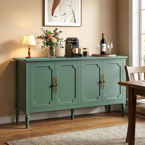 59" Buffet Cabinet with Storage, Vintage Sideboard with Adjustable Shelves & Carved Handle, Mid Century Modern Painted Credenza Coffee Bar for Kitchen, Dining Room, Forest Green