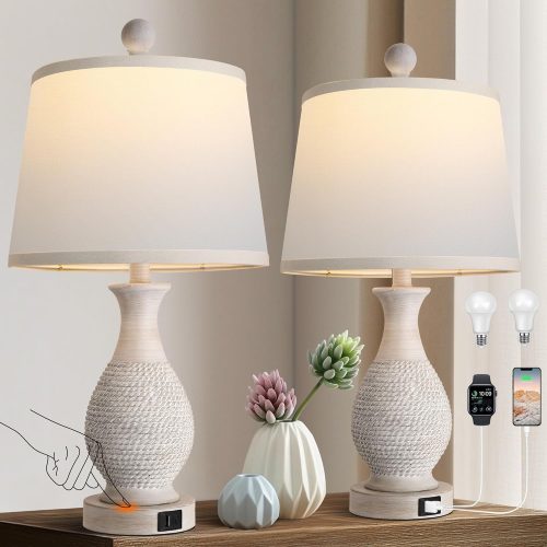 Traditional Table Lamps Set of 2, Bedside Touch Lamp with USB C+A Charging Ports, Rustic Farmhouse Table Lamps for Living Room Bedroom, Side Table Lamp with White Fabric Shade, Antique Grey