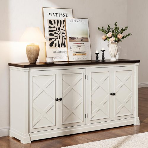 63 Inches Buffet Cabinet with Storage, Large Sideboard Cabinet with 4 Barn Doors, Adjustable Shelves, Wood Coffee Bar Station for Kitchen, Living Room, Off White