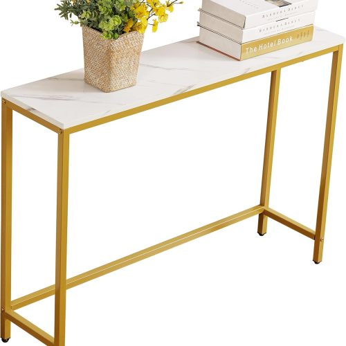 Console Table for Entryway, Faux Marble MDF Sofa Table with Golden Frame (Single Layer, White Marble)