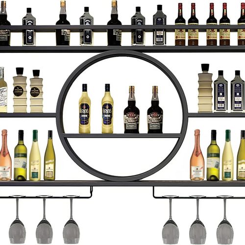Wine Rack Wall Mounted 3 Tier Metal Floating Shelves With LED Light, Hanging Floating Bar Liquor Bottles, For Home Bars Kitchen (Black, 100x80x15cm)