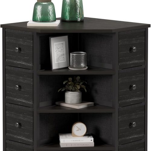 1 8 Drawers Corner Dresser with Storage Fabric Drawers and Open Shelves for Small Space,Bedroom,Entryway,Living Room (Black Wood Veins)