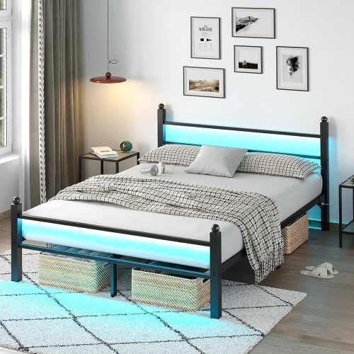 1 Full Bed Frame with Headboard and Footboard, Metal Bed Frame with Charging Station and LED Lights, Under Bed Storage, No Box Spring Needed,Noise Free, Black