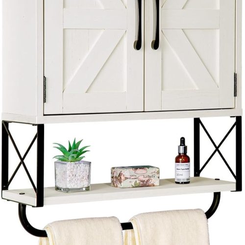 1 Farmhouse Medicine Cabinet with 2 Barn Door, Wood Wall Mounted Storage Cabinet with Adjustable Shelf and Towel Bar, 3-Tier Bathroom Cabinet for Bathroom, Living Room(Vintage White, Medium)