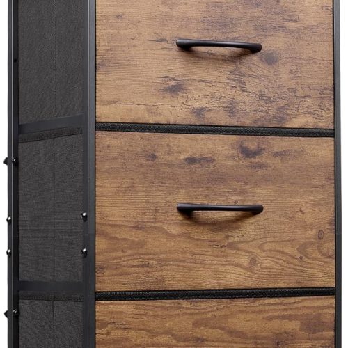 1 Dresser with 3 Drawers, Fabric Nightstand, Organizer Storage Dresser for Bedroom, Hallway, Entryway, Closets, Sturdy Steel Frame, Wood Top, Easy Pull Handle, Rustic Brown Wood Grain Print