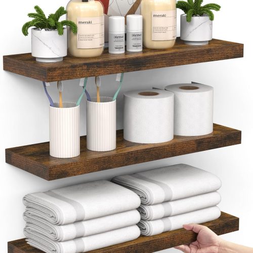 1 Floating Shelves Bathroom for Wall – Shelf Over Toilet Farmhouse Rustic Wood for Bedroom, Kitchen, or Living Room Decor Organization, Christmas Decor Shelves – Rustic Brown, Set of 3