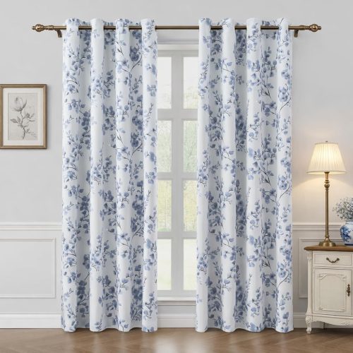 1 Grey Blue Floral Blackout Curtains, 52 x 84 Inches Long Room Darkening Flower Grommet Drapes for Living Room, Bedroom, 2 Panels