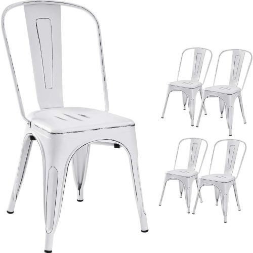Metal Indoor-Outdoor Chairs Distressed Style Kitchen Dining Chairs Stackable Side Chair with Back Set of 4 (White)
