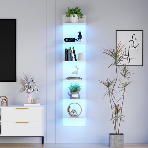 6 Tier Wall Shelf Unit with LED Light, Display Floating Storage Home Decor Organizer Shelves for Bedroom Living Room, White