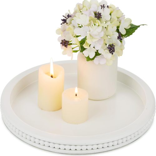 1 Decorative Coffee Table Tray: White Beaded Round Serving Tray Modern Farmhouse Wooden Circle Centerpiece Tray Decor for Home Living Dining Room Kitchen Counter Bathroom