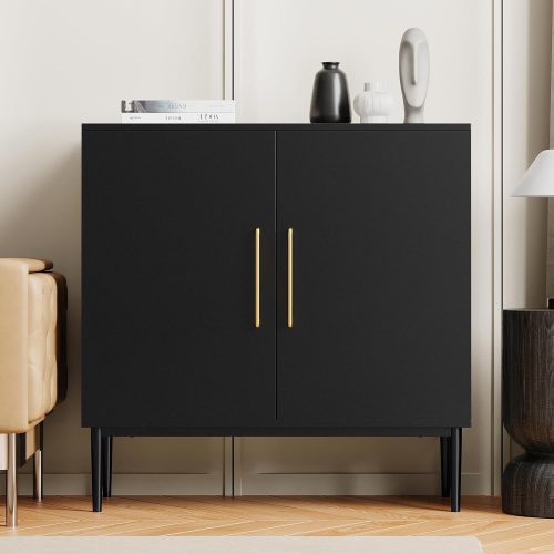 1 Storage Cabinet with Doors, Modern Black Accent Cabinet, Free Standing Cabinet, Wooden Buffet Sideboards for Living Room, Kitchen,Home Office