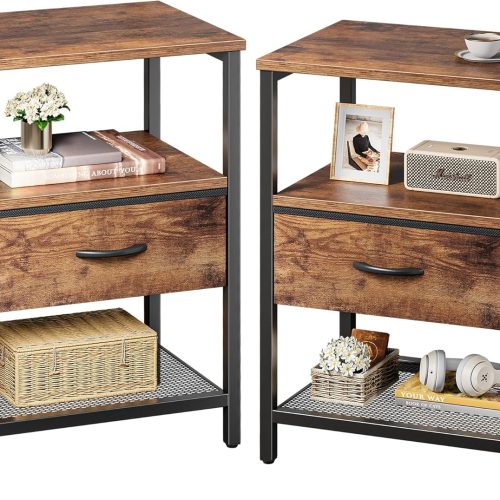 1 Nightstand Set of 2, Night Stand with Fabric Drawer, Mesh Shelf, Side Table with Storage, Fabric Drawer Dresser, Open Shelf, Metal Frame, Bedroom, Rustic Brown