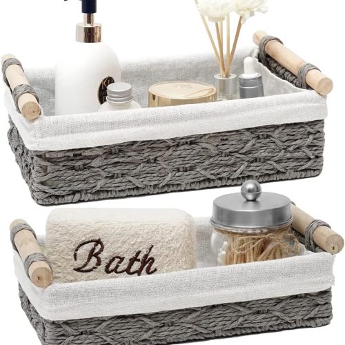 1 Storage Basket Wicker Baskets for Organizing Storage Bins for Countertop Toilet Paper Storage Basket for Toilet Tank Top (Set of 2,Grey)