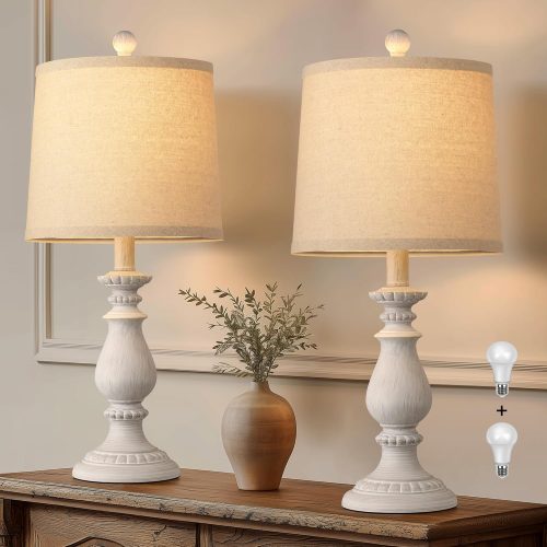 1 Farmhouse Table Lamp Set of 2, Rustic Table Lamps for Living Room, Vintage Nightstand Lamp with Rotary Switch, Beside Lamps for Bedroom, Traditional Table Lamps with Linen Shade, Antique White