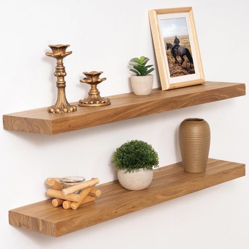 1 30 inch Floating Shelves for Wall Solid Elm Wood Shelves|Rustic Wall Shelves with Invisible Heavy-Duty Bracket for Bathroom Living Room Kitchen|Natural, 2 Pack