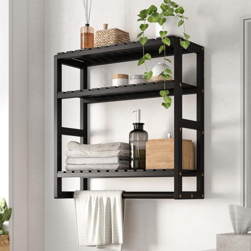 1 Over The Toilet Storage Bathroom Shelves Wall Mounted 3 Tier Space Saver Corner Shelf Organizer Bamboo Towel Rack Toilet Paper Cabinet with Hanging Rod Black
