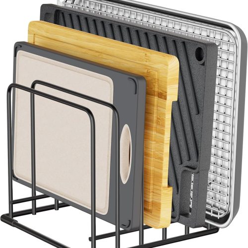 Kitchen Organizer Rack - 5-Slot Heavy-Duty Cutting Board and Bakeware Holder, Rust-Resistant with Anti-Slip Feet for Countertop or Cabinet Storage