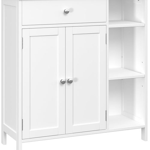 1 Bathroom Floor Cabinet with Drawer, Floor Storage Cabinet with Doors & Adjustable Shelves, Freestanding Kitchen Cabinet with 3 Open Compartments for Living Room, Entryway, White | with Doors, with Drawer, Adjustable Shelf