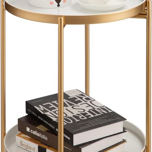 1 2-Tier Round Gold Side Table, Outdoor Small Folding Accent Stand with Removable Tray, Anti-Rust Metal Asional Table for Balcony Patio Living Room, Nightstand for Bedroom(Gold&White)