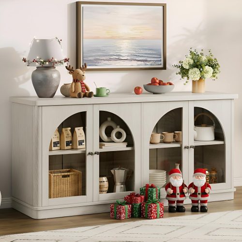 1 63 Inch Sideboard Buffet Cabinet, Modern Arched Buffet with Glass Doors, Large Curved Cabinets with Storage, Console Credenza w/Adjustable Shelves for Living Room, Kitchen, Entryway, White Oak