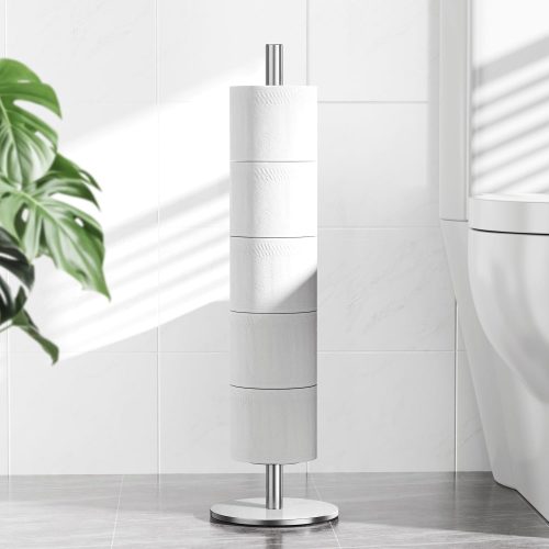 1 Brushed Nickel Toilet Paper Holder Stand for Spare Rolls Storage, Stainless Steel Freestanding Toilet Paper Holder with Shelf Hold 5 Paper Rolls