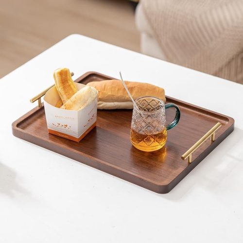 Bamboo Serving Tray with Gold Handles, Food Tray for Breakfast,Coffee Table,Dinner & Bar, Decorative Tray for Kitchen, Bedroom (Large)