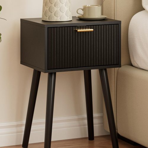 Night Stand, Black Nightstand with Fluted Door, Small Modern Mid-Century Bedside Table for Bedroom, End Table for Living Room